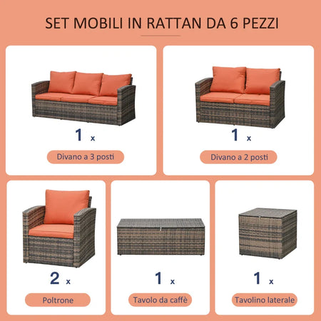 Set Mobili da Giardino 6 Pezzi in Rattan con Divani, Poltrone e Tavoli Contenitore, Marrone 860-120