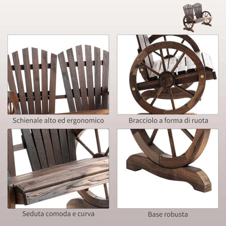 Panchina da Giardino in Legno Stile Country con Braccioli a Ruota, 108x66x95cm, Colore Legno 84B-406