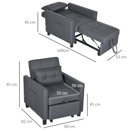 Poltrona Letto a sedia materasso brandina Letto Singolo Reclinabile su 3 Livelli con Cuscino Extra, 69x82x85cm, Grigio F839-670V00GYA
