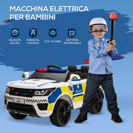 Macchina Elettrica per Bambini della Polizia, Batteria 12V e Telecomando, Sirena Luci Attacco USB per Musica, 110x68x52cm, Bianco LM2370-187V90LM2