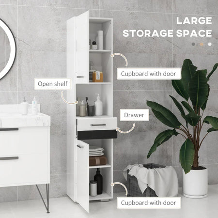 Colonna Bagno in MDF con Ripiano Aperto, Cassetto e Armadietto Chiuso, 37x32.5x170 cm, Bianco TG8834-633V00WTTG8