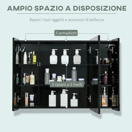 Armadietto con Specchio da Bagno a Parete in MDF con 3 Armadietti, 3 Ripiani e Luce LED, 90x15x65 cm, Nero WD6834-416BKWD6