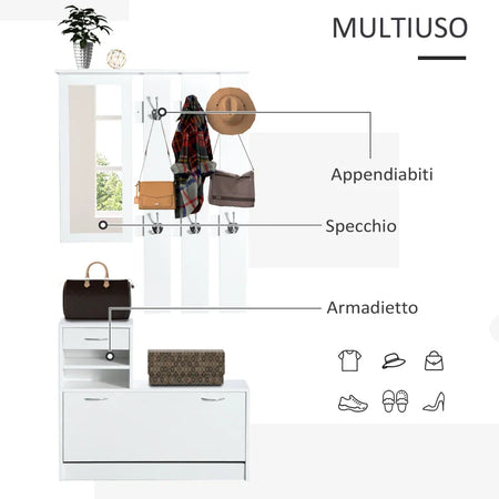 Mobile d'Ingresso Moderno Guardaroba Set Appendiabiti, Specchio e Scarpiera 3 in 1, in Legno Bianco BN3831-146WTBN3