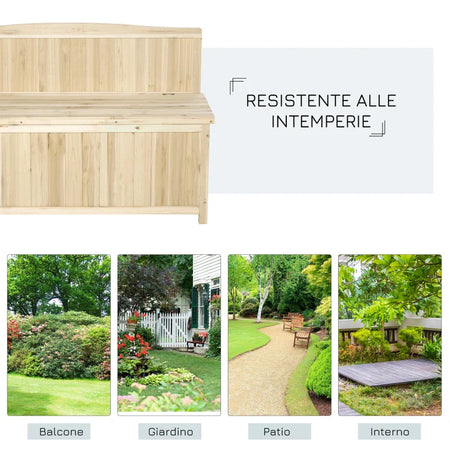 Panca Contenitore da Esterno in Legno di Abete Naturale con Schienale per Giardino e Terrazza, 115x45x75cm  84B-460