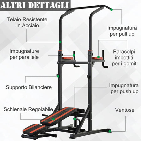 Postazione Pieghevole e Multiuso per Allenamento in Acciaio con Barra Trazioni e Sedia Romana, 92 x 178 x 200-236cm ZC7A91-092RDZC7