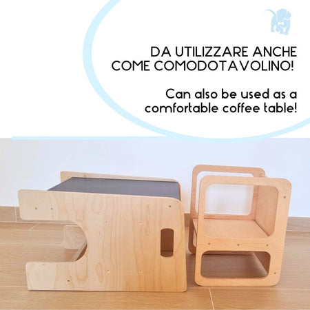 Learning Tower Bubù in legno con tavolino e lavagna, Torre di Apprendimento, Torretta Montessoriana