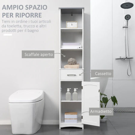 Armadietto Bagno con Scaffale a 3 Livelli, 1 Cassetto e 1 Mobiletto, 34x30x163cm AZ7834-364LGAZ7