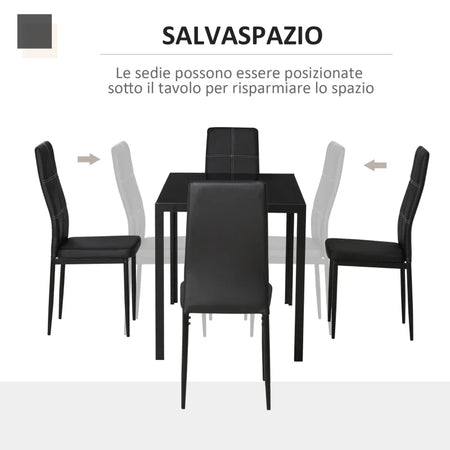 Set 5 Pezzi con 1 Tavolo e 4 Sedie per Cucina o Sala da Pranzo in Finta Pelle, Metallo e Vetro Temperato, Nero TR2835-255BKTR2