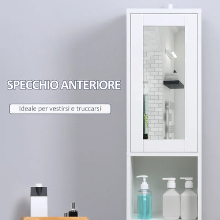 Colonna Bagno Salvaspazio in Legno con Specchio e Apertura a Pressione, 30x28x170cm, Bianco KL7834-461V01KL7