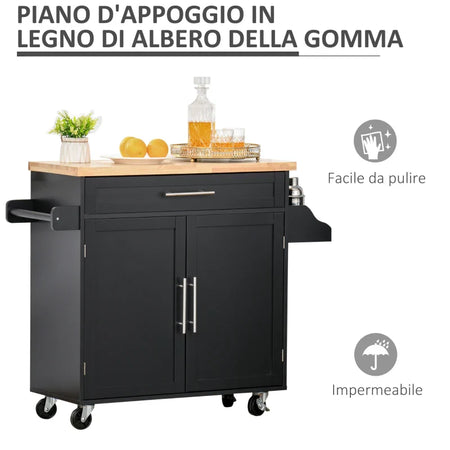 Carrello da Cucina con Cassetti, Portaspezie e Armadietto, Carrello da Portata con 4 Ruote e Piano di Lavoro in Legno, 109x40x89cm, Nero YH9801-178BKYH9