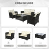 Set Mobili da Giardino 4 Pezzi in Rattan PE e Tavolino, Divano e Poltrone Imbottiti Nero e Beige 124x68x76cm 860-117CW