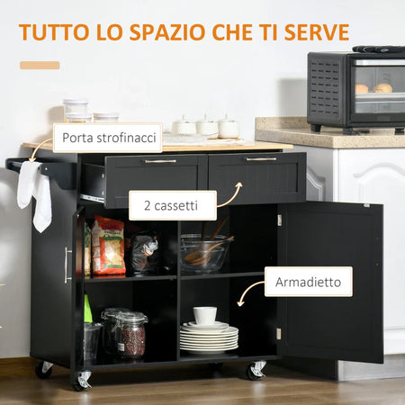 Carrello da Cucina Multiuso in Legno con 2 Cassetti, Armadietto e 4 Ruote, 104x46x91cm, Nero PL6801-203V00BKPL6