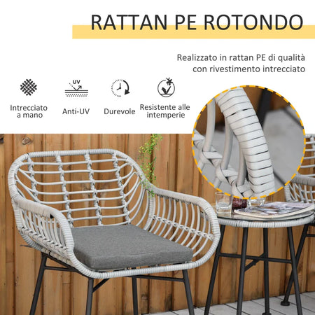Set Mobili da Giardino in Rattan PE con 2 Sedie e Tavolino con Ripiano in Vetro, Grigio 863-085