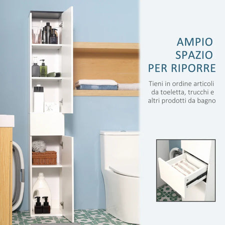 Mobile Bagno con Ripiano Regolabile, 2 Ripiani Chiusi e un Cassetto in Legno, 30x28x180 cm, Bianco GB9834-463GB9