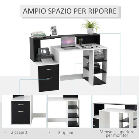 Scrivania per Ufficio con Ripiano Stampante, 2 Cassetti e 3 Mensole, in MDF Bianco e Nero, 137 x 55 x 92cm ZB4920-026ZB4