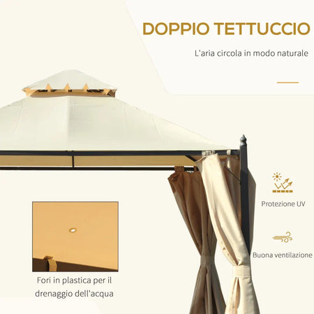 Gazebo da Giardino 3 x 3m con 4 Tende Laterali e Doppio Tetto Beige 84C-033