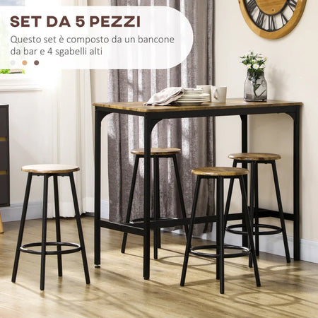 Set da Bar 5 pezzi con Tavolo alto e 4 Sgabelli Stile Industriale, Marrone e Nero WQ8835-890V00RBWQ8