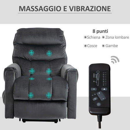Poltrona Relax Reclinabile a 135°, Massaggiante e Alzapersona con Telecomando, 79x97x103cm, Grigio TR1713-090V90CGJU4