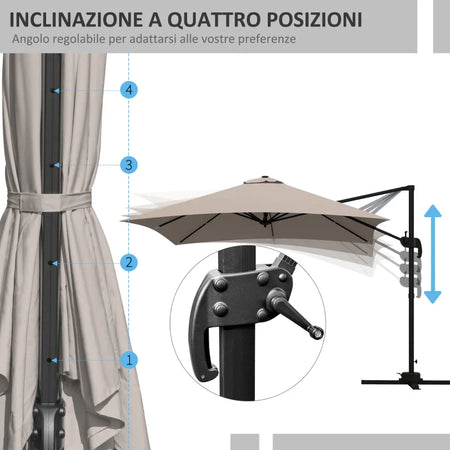 Ombrellone 3x3 m a Braccio con 8 Stecche, Pedale e Manovella, in Alluminio e Poliestere, color Khaki 84D-112V01KK