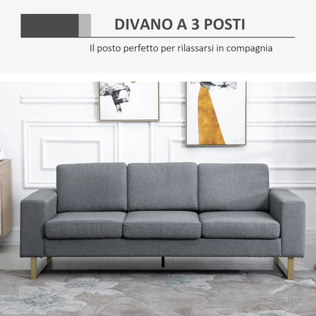 Divano a 3 Posti Relax Salotto con Cuscini 200 × 82 × 78cm Tessuto di Lino Grigio 833-519