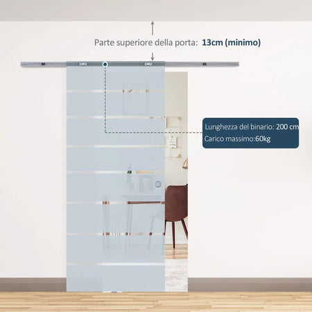 Porta Scorrevole Interna in Vetro Smerigliato e Satinato con Binario B3 in Alluminio per Bagno Cucina Studio Vetro 205x 90x 0,8cm WJ8B70-005WJ8