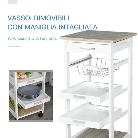 Carrello da Cucina Salvaspazio in Legno Bianco con 4 Ruote 37x37x82cm UH3801-152WTUH3