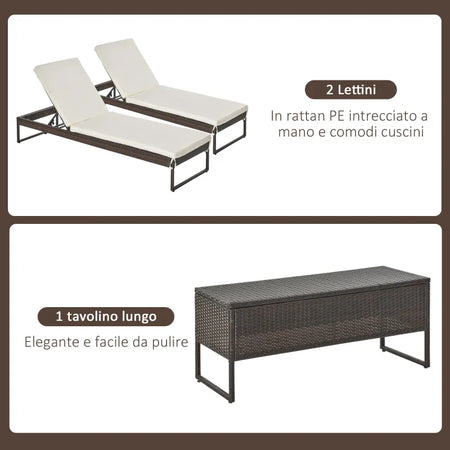 3pz Componibile 2 Lettino Prendisole da Giardino (60 x 195 x 86cm) e 1 Tavolino (121 x 40 x 50cm) Rattan con Materassini, Marrone e Bianco Crema 862-022BN