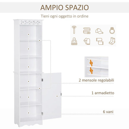 Mobiletto del Bagno a Torre 3 Ripiani Regolabili su 3 Livelli e 1 Ampio Armadietto Inferiore Manopole sull'Anta MDF Bianco 40x23x160cm ED6834-198ED6
