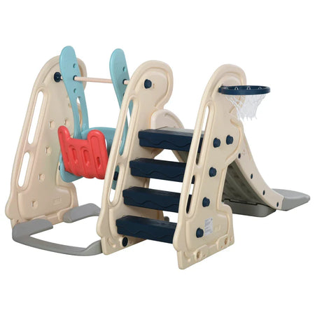 Scivolo 3 in 1 per Bambini con Altalena Regolabile, Canestro e Palle per Cameretta e Giardino, 160x220x120cm, Bianco, Azzurro e Grigio ED9331-002ED9