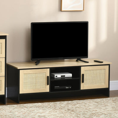 Mobile Porta TV fino a 60 nero e legno naturale tipo anche beige , con 2 Armadietti e Ripiani Aperti Stile Boho, 120x40x42 cm