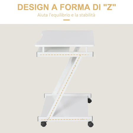 Tavolo Porta PC Classico e Salvaspazio, Piano Tastiera a Scomparsa, 4 Ruote e Ripiano Inferiore Bianco 60x48x73cm QO8836-293WTQO8