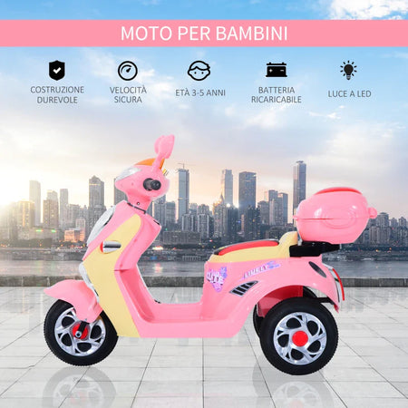 Motorino Elettrico per Bambini 3 Anni+ Max. 25kg con Luci, Musica, Batteria 6V e Velocità 3km/h, 108x51x75 cm, Rosa QA4370-013QA4