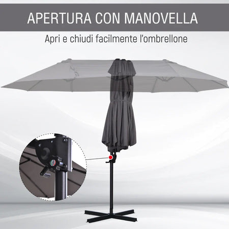 Ombrellone Doppio da Giardino in Metallo e Poliestere Anti-UV Impermeabile, 440x270x250cm, Grigio 84D-085GY