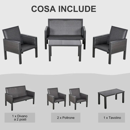 Salotto da Giardino con Divano da Esterno e Tavolino, Mobili da Giardino in Rattan Sintetico, Set 4 Pz, Grigio 860-166
