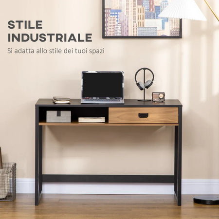 Scrivania per Camera e Ufficio con Cassetto Stile Industriale, 110x50x76cm, Noce e Nero QW1836-507QW1