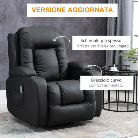 Poltrona Relax Reclinabile fino 150° in Finta Pelle con 8 Punti Massaggio e Riscaldamento, Nero WS7700-050V92BKWS7