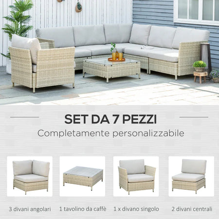 Salotto da Giardino 7 Pezzi Modulabile in Rattan PE con Cuscini, Beige 860-253V00BG