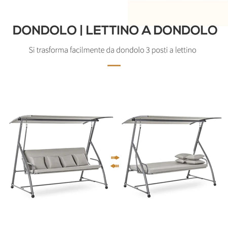 Dondolo da Esterni 2in1 per 3 Persone Convertibile in Letto con Tettuccio, 218x120x168cm, Cachi Chiaro 84A-062V01