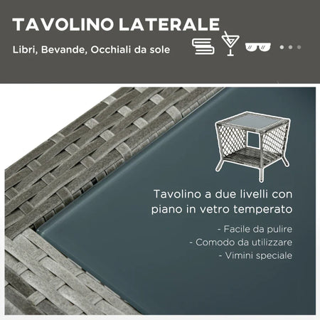 Set Lettino Prendisole e Tavolino in Rattan PE, Sdraio da Giardino Regolabile su 5 Posizioni e Tavolino a 2 Ripiani, Bianco Crema 862-054GY