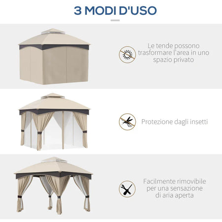 Gazebo da Giardino 3x3m in Acciaio con Doppio Tettuccio e Tende, Beige e Grigio 84C-368V00BG
