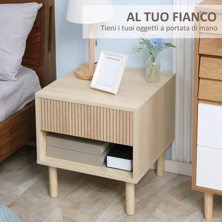 Comodino Moderno con Cassetto e Ripiano Aperto in Truciolato, 47x47x50 cm, Color Legno IK4831-506IK4