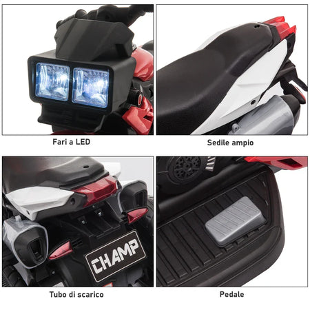 Moto Elettrica per Bambini 3-5 Anni (max. 25kg) con 3 Ruote, Luci e Suoni, Batteria 6V, Rosso, 86x42x52cm GF6370-102RDGF6