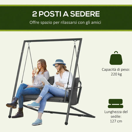 Dondolo da Giardino 2 Posti con Cuscini e Tasche, in Acciaio e Textilene, 168x117x181 cm, Grigio Scuro 84A-332V00CG