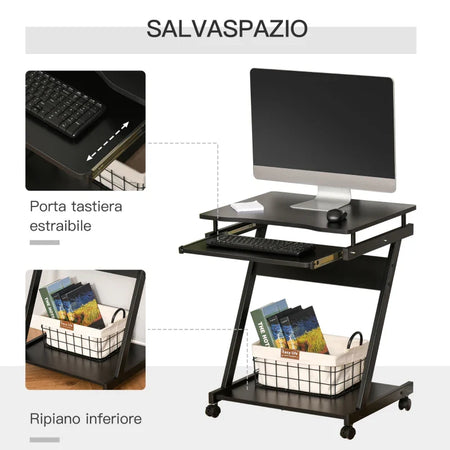 Scrivania per Computer Porta PC Classico e Salvaspazio, Scrivania per cameretta con Piano Tastiera a Scomparsa, 4 Ruote e Ripiano Inferiore Nero 60x48x73cm QS2836-293BKQS2