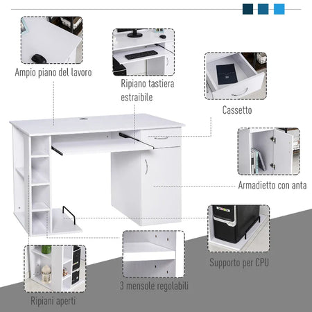 Scrivania per PC Ergonomica con Mensole, Armadietto, Cassetto e Piano Tastiera Estraibile, Bianca, 120x60x74cm ZQ1920-012V01WTZQ1