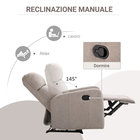Poltrona Relax Reclinabile fino a 168° con Poggiapiedi, 66x83x107 cm, Grigia UI7833-523V02GYUI7
