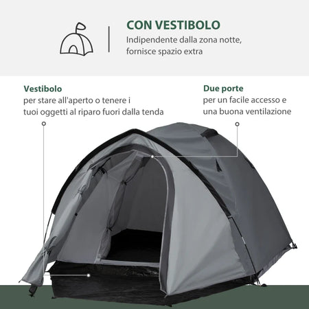 Tenda da Campeggio 2 Posti Impermeabile con Vestibolo, Finestre e Porte con Cerniera, 325x183x130cm Grigio EA1A20-174EA1