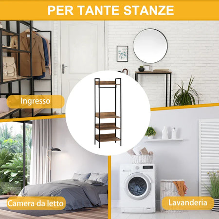 Appendiabiti da Terra con 1 Asta e 4 Ripiani Aperti in Truciolato e Acciaio, 60x40x180 cm, Marrone HJ8850-148HJ8