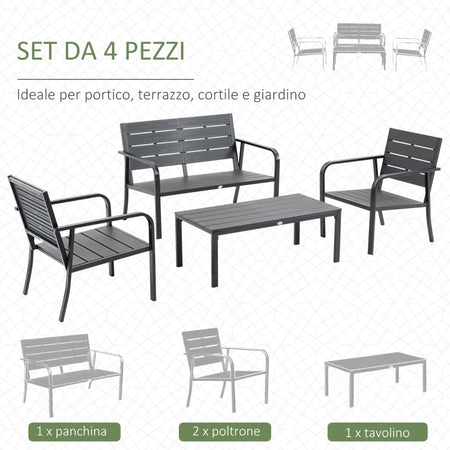 Set Salotto da Giardino da 4 Pezzi con Panchina a 2 Posti, 2 Poltrone e Tavolino, Grigio Scuro 84B-644