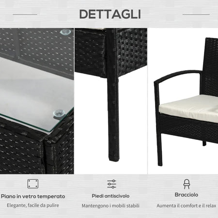 Set Mobili da Giardino in Rattan Sintetico Composto da 1 tavolino 2 poltrone e 1 divano a 2 posti Nero e Crema 863-024